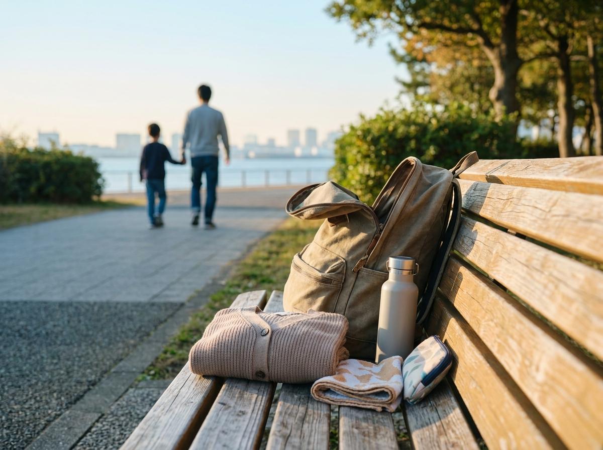 도쿄만 공원 산책을 앞두고 작은 가방에 챙긴 겉옷과 물병