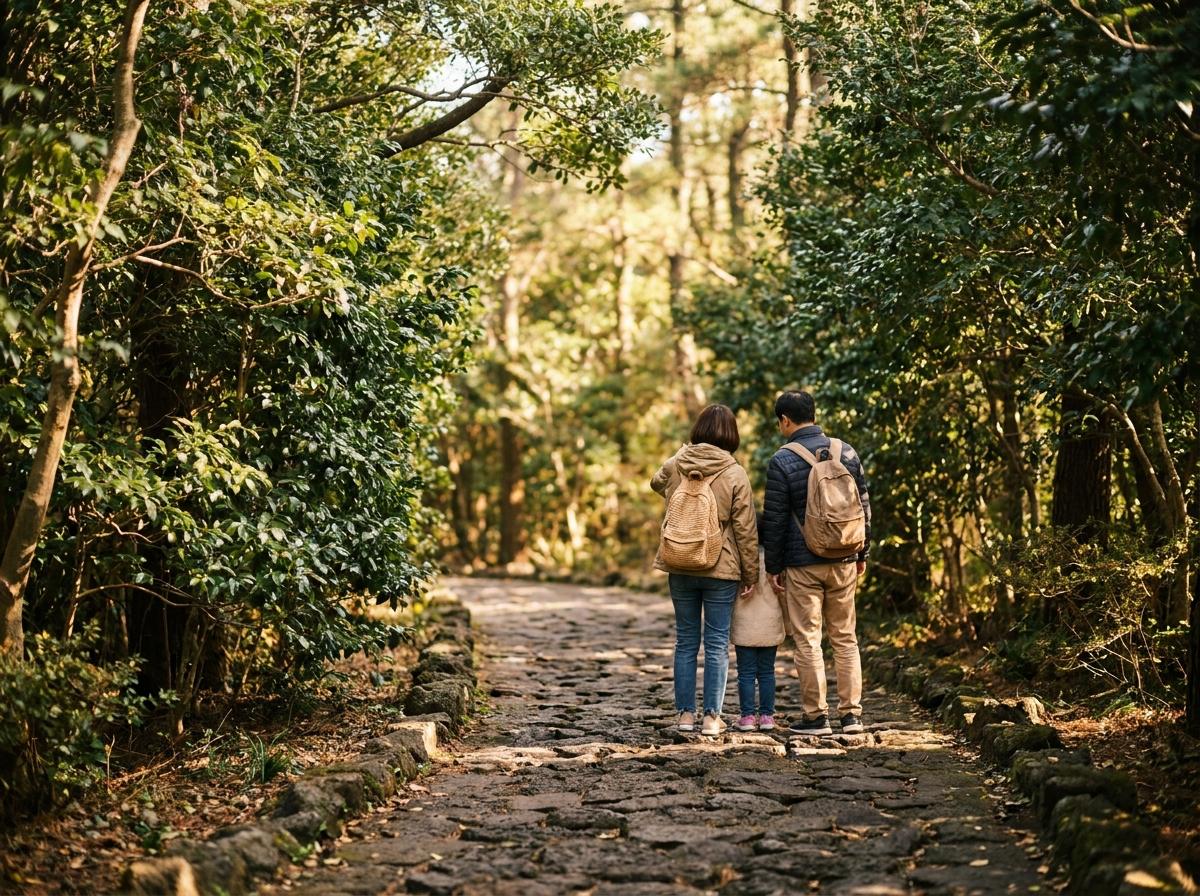 난대림 나무를 바라보며 현무암 산책로에 멈춰 선 가족의 뒷모습
