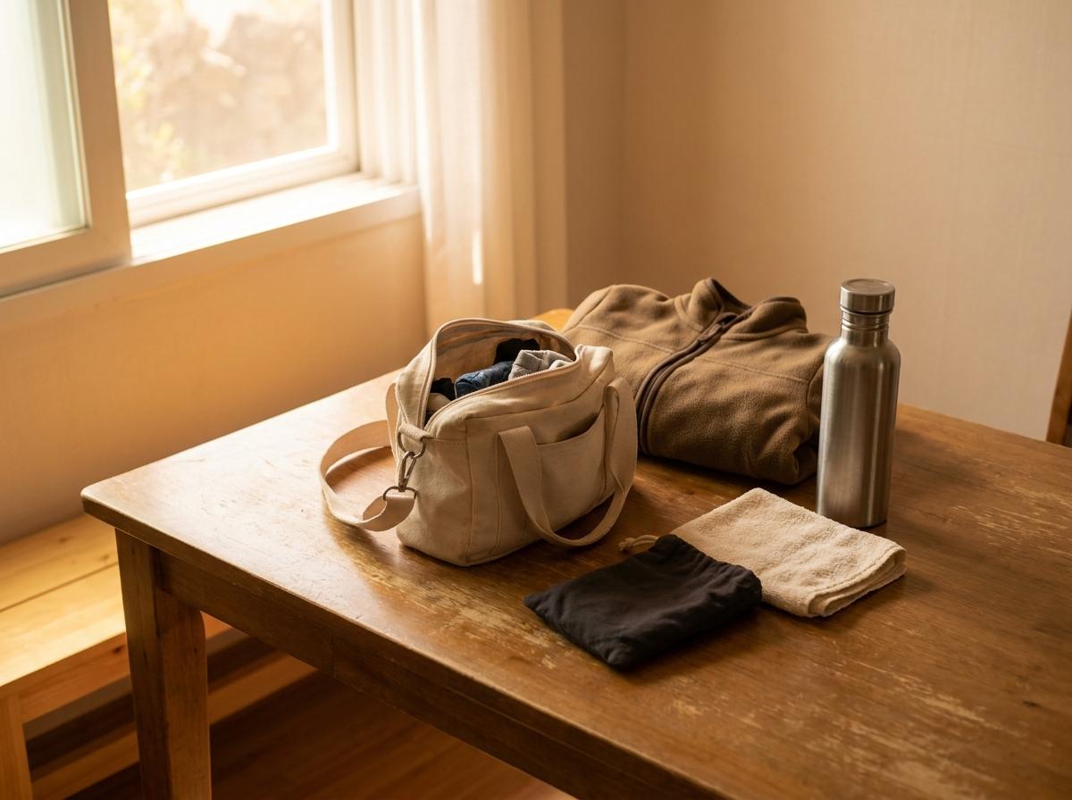 제주 여행용 가방 옆에 물병과 수건, 귀가용 파우치를 나눠 놓은 모습