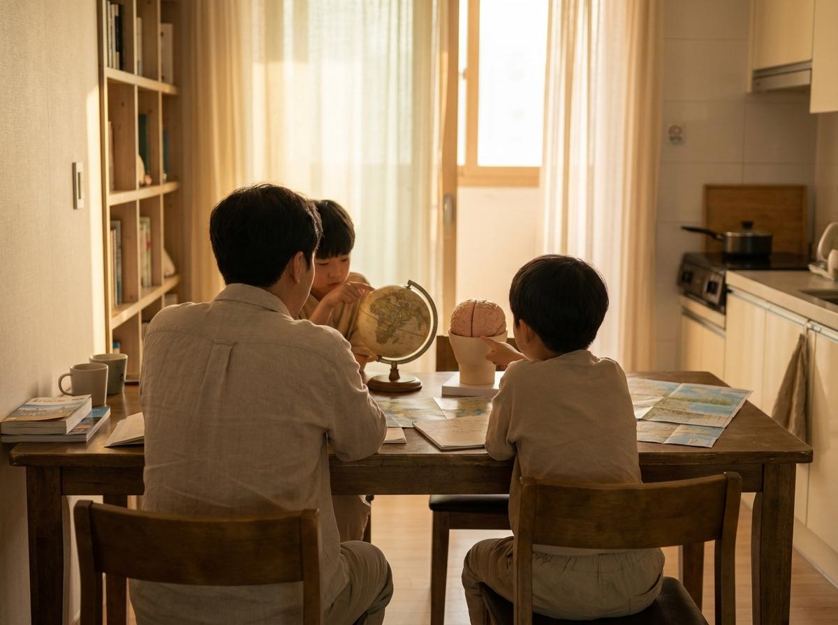 과학 모형을 보며 일본 과학관 방문을 준비하는 가족의 뒷모습