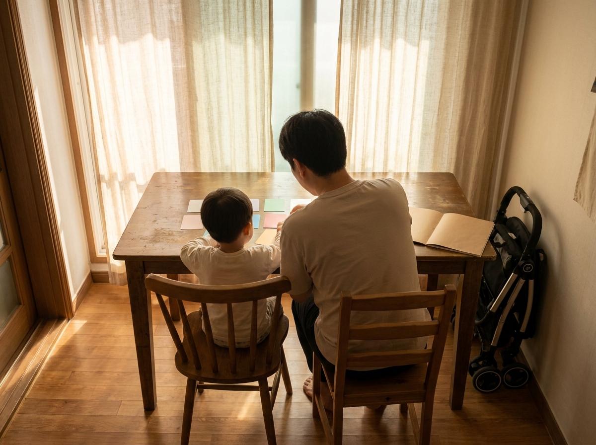집에서 아이와 여행 동선을 다시 정리하는 뒷모습