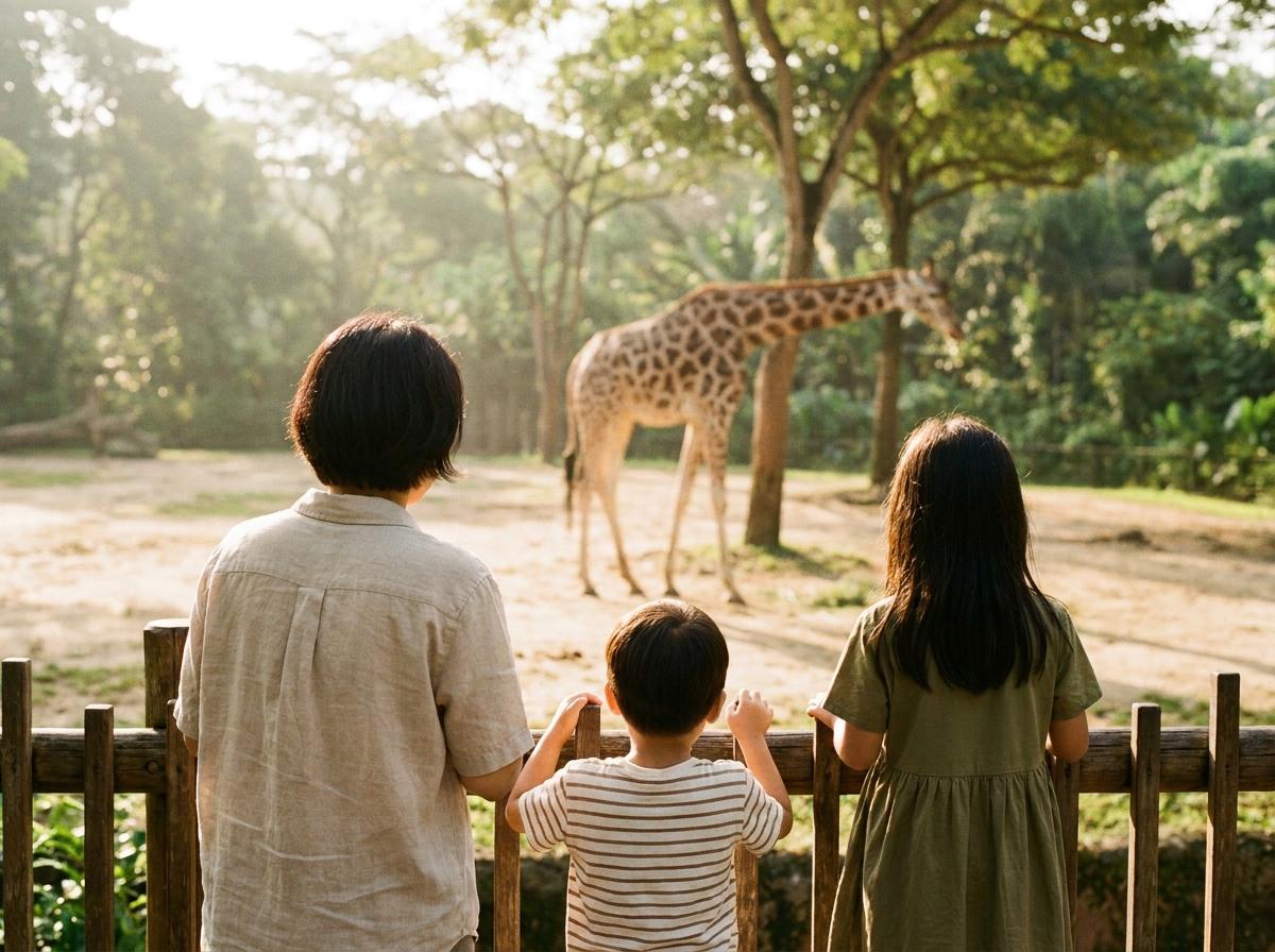 열대 야생동물 공원에서 기린을 바라보는 가족의 뒷모습을 표현한 이미지