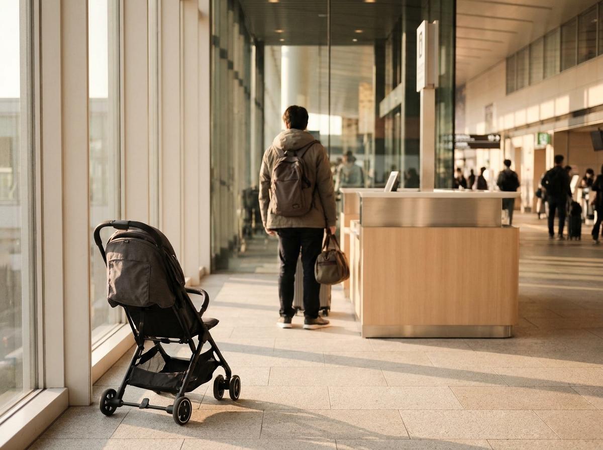 공항 안내 카운터 옆 유모차와 이동 가방을 표현한 장면