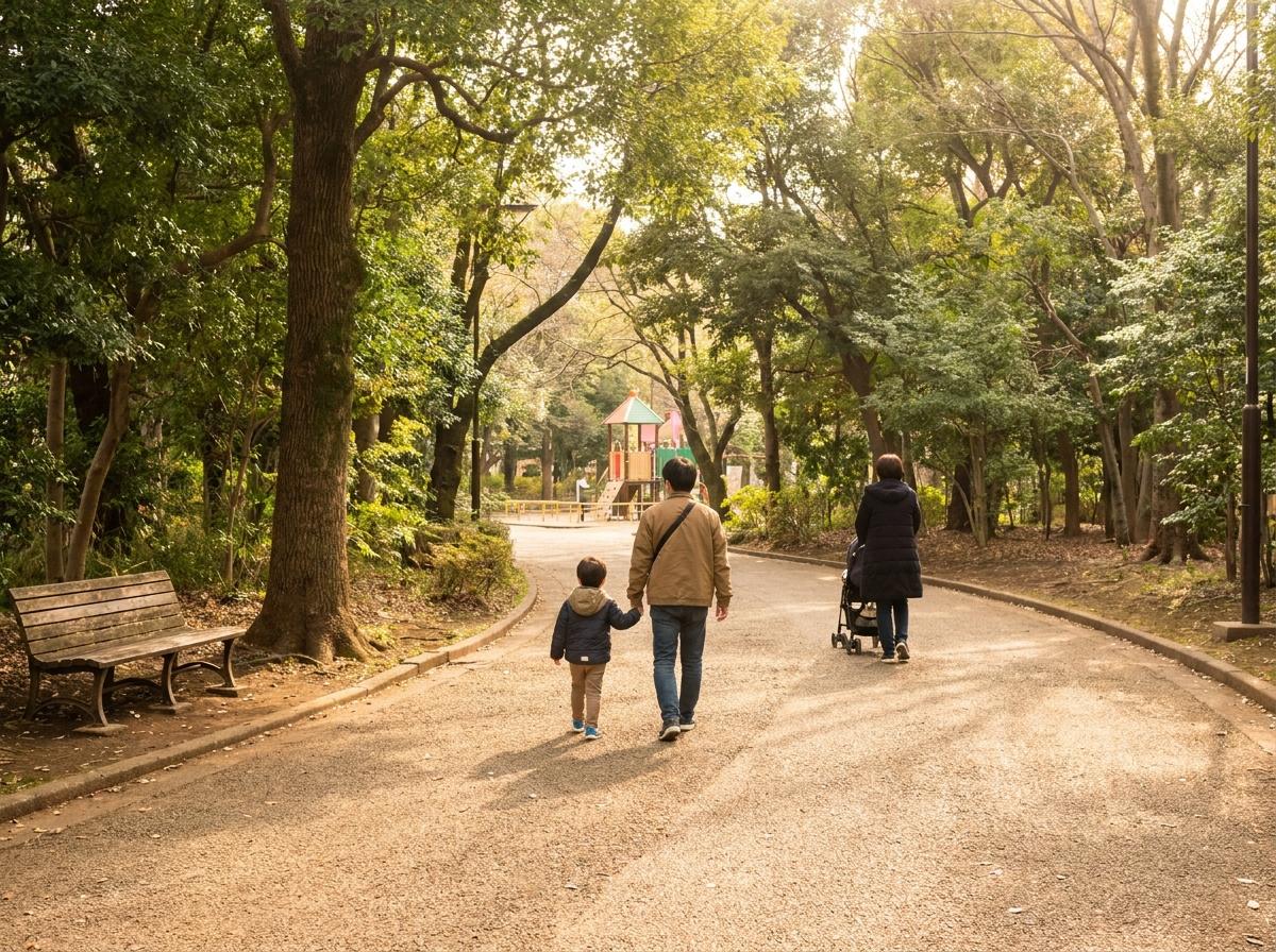 공원 산책로를 걷는 가족과 잠시 쉴 수 있는 벤치